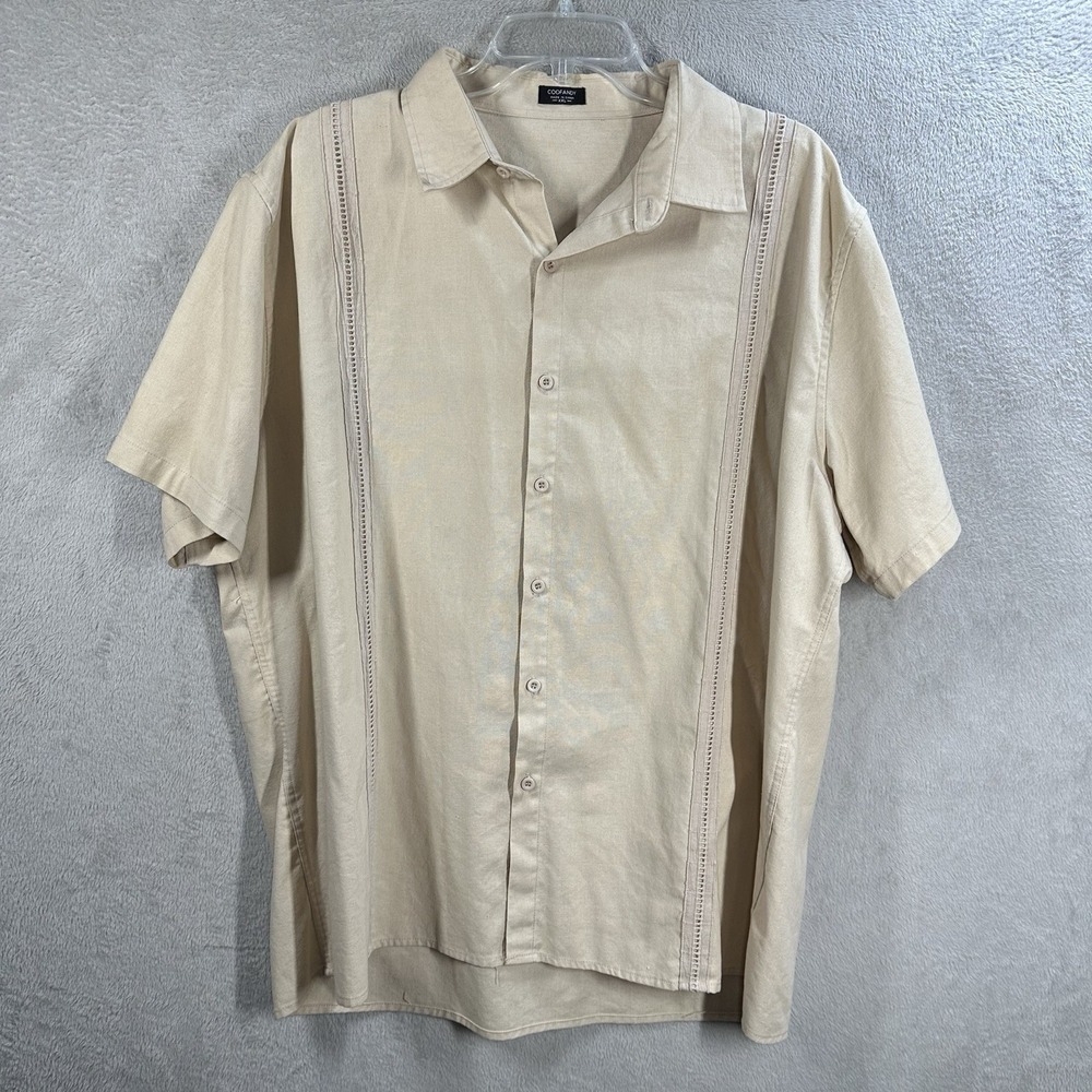 Coofandy Linen Blend Button Front Shirt Men's 2XL Resortwear Guayabera Beige